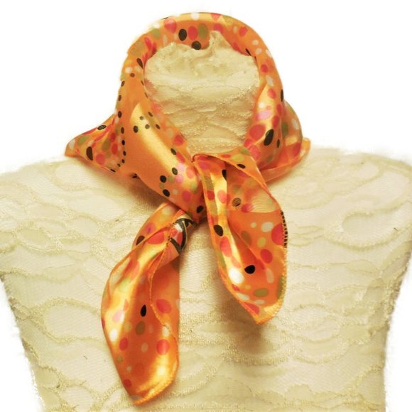 Scarf 19.5" Square Satin Chiffon Orange Polka Dot Butterflies Print - Picture 2 of 5